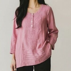 Parsley & Sage Tunic Top Women Medium Pink Embroidered 3/4 Sleeve Cotton Boho